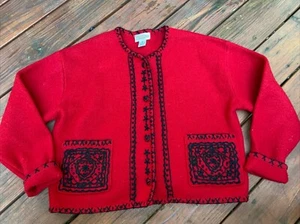 CAMBRIDGE Dry Goods Red & Black 100% Boiled Wool Cardigan Sweater Sz Medium - Picture 1 of 4