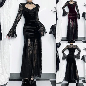 Womens Velvet Long Lace Bodycon Maxi Fishtails Gothic Dress Party Costumes SIZE - Picture 1 of 22