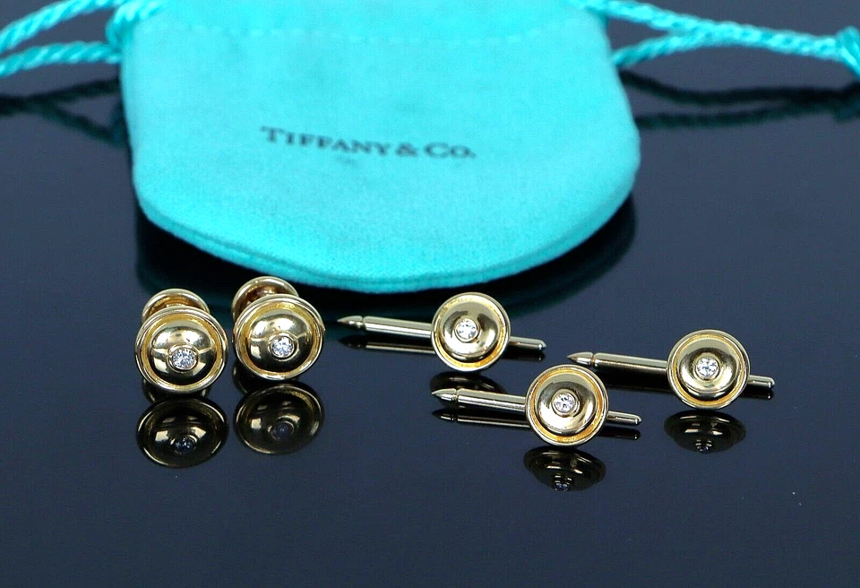 Vintage 1981 Tiffany Co Paloma Picasso 18K Yellow Gold Diamond Cufflink Stud Set - Image 1 of 4