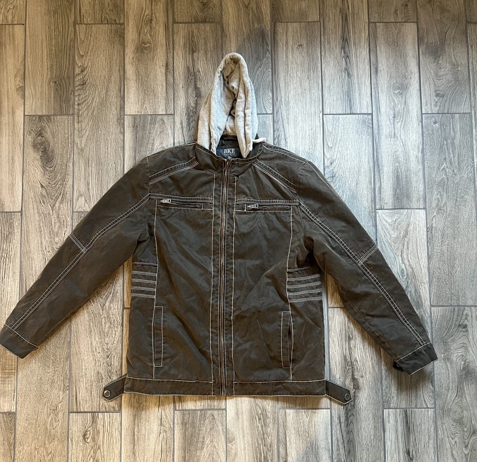 Buckle BKE Jacket Men's XL Hooded Brown Faux Leather Quilted Lined Motorcycle - Image 1 of 4