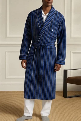 Bata de baño Polo Ralph Lauren para hombre L/XL azul a cuadros ligera 100 % algodón bolsillos Foto 1 de 4