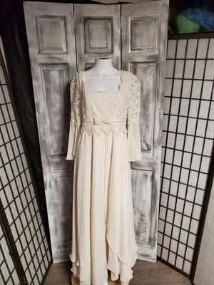 S-M Vtg 80s Wedding Dress Split Bell  Flutter Sleeve Crochet Bows Chiffon 30" W - Image 1 of 4
