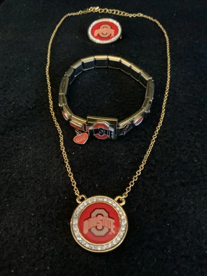 Lot Set Danbury Mint NCAA Ohio State Buckeyes Necklace Pin Bracelet - Image 1 of 4