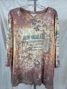 Vtg Rhinestones 3/4 Sleeve New Orleans Gamblers Shirt Blouse Women’s 2XL - Picture 1 of 10