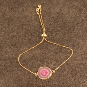 Genuine Pink Solar Quartz CZ Quartz Gold Plated Box Chain Slider Lock Bracelet - Picture 1 of 3
