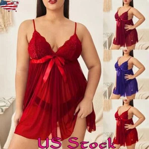 Plus Size Sexy Womens Lace Nightdress Thong Set Sexy Lingerie Babydoll Pajamas - Picture 1 of 21