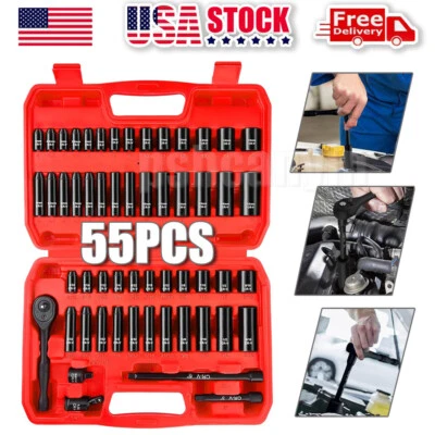 55PCS 1/4" Drive Impact Socket Set Cr-V Metric & SAE Sockets Shallow & Deep - Image 1 of 4