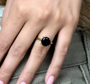 Natural Black Onyx Gemstone Solitaire Ring 925 Silver Ring Jewelry For Woman - Picture 1 of 6