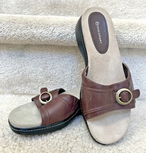 Rockport Sandals Womens 8.5 M Slide Slip On Wedge Heels Brown Leather Open Toe - Picture 1 of 14