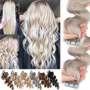 #GREY Nastro Trama Pelle Ondulata In Remy Estensioni Capelli Umani 100G 40PCS 24" Testa Piena - Foto 1 di 53