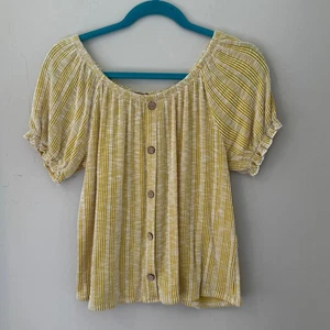 W5 gelb gestreiftes schulterfreies Button Down Top Bluse Größe L - Bild 1 von 5