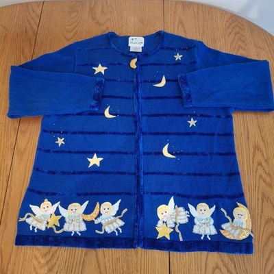 Vintage Quacker Factory Christmas Sweater 1x Angels Blue Full Zip 90s Y2k - Image 1 of 4