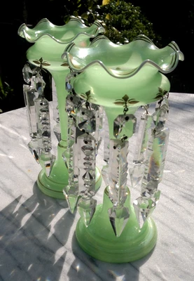 Antique Pair of Victorian Uranium Vaseline Glass Mantel Lustre Vases  8.25"tall - image 1 of 4