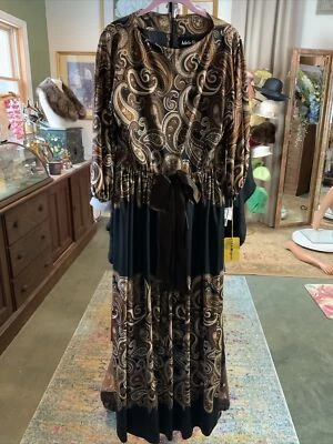 BNOS 1970s ADELE SIMPSON Brown Black Paisley Maxi Full Length Gown Sz 12 Bust 38 - Image 1 of 4