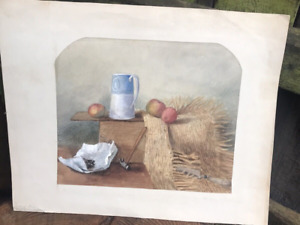 Antique Victorian still life watercolour painting fruit jug bench dated 1875