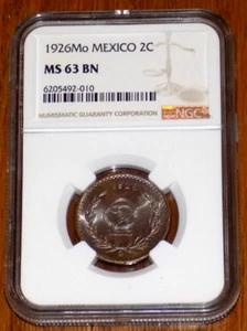 1926 Mo Mexico 2 Centavos 2C NGC MS 63 BN Mexican MS63 Certified UNC COIN - Picture 1 of 4