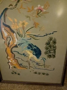 Vintage Chinese Tapestry Embroidery Antique Birds Flowers pink Gold Threads Rare - Picture 1 of 8