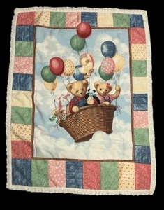 Blue Jean Teddy Bear Thin Baby Quilt Blanket Hot Air Balloon Eyelet Lace Border - Picture 1 of 5