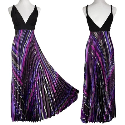Betsy & Adam Boho Accordion Pleated Maxi Dress Size 4 Black Purple Groovy 70s - Image 1 of 4