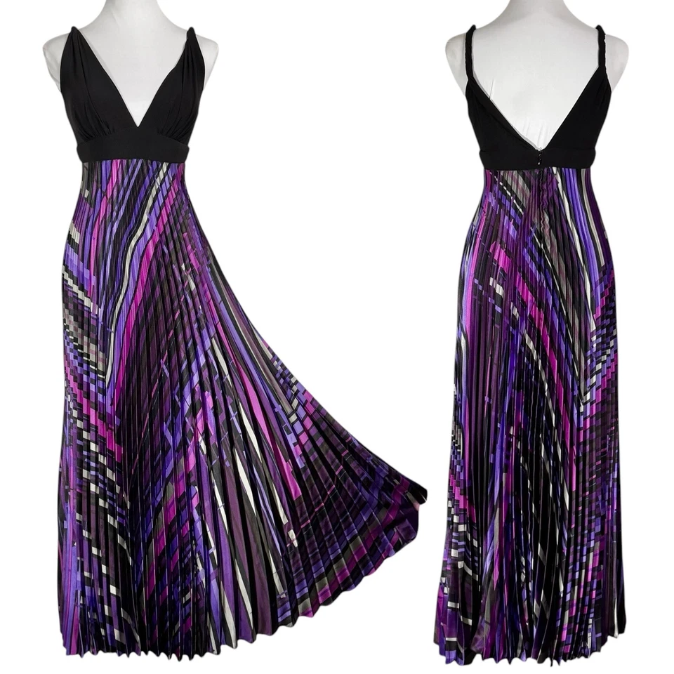 Betsy & Adam Boho Accordion Pleated Maxi Dress Size 4 Black Purple Groovy 70s - Image 1 of 4