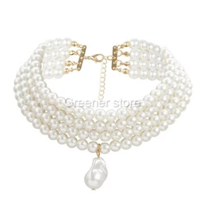 Mujeres Multicapa Blanco Imitación-Perla Gargantilla Moda Ancho Babero Collar Joyería - Imagen 1 de 14