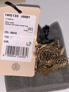 ROBERTO CAVALLI WOMEN ANTIQUE GOLD METAL LOGO PENDANT RING IWG133 AM001 Size 14 - Picture 1 of 12
