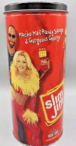Macho Man Randy Savage & Gorgeous George Slim Jim Tin Can, WCW / WWF Vintage - Picture 1 of 5