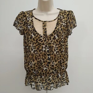 Womens Teens Juniors Large Brown Black Shirt Top Blouse Short Sleeve Casual - Picture 1 of 11