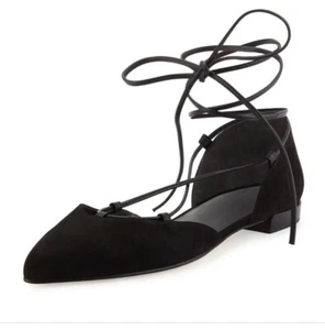 Stuart Weitzman Black Gilligan Lace Up d'Orsay Pointed Toe Flat 9 - Picture 1 of 9