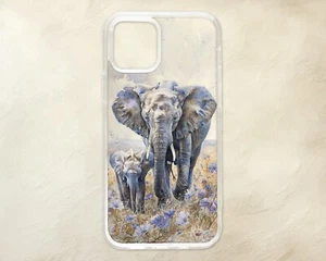 Custodia telefono elefante mamma polpaccio bambino fiori blu iPhone Samsung Motorola Pixel - Foto 1 di 1
