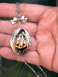 PUMPKIN Locket Necklace Picture PHOTO Pendant Stash Box Witchy Jewelry Halloween - Picture 1 of 17