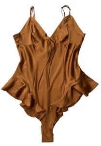 SKIMS Women's Silk Ruffle Loungewear Lingerie Teddy Bodysuit In Bronze Size M - Picture 1 of 9