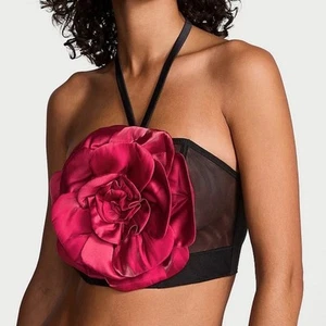 NWT Victoria’s Secret Blooming Rose Corset Top Sheer Black w Fuschia 3D Flower S - Picture 1 of 11