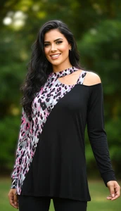 Top Sew In Love recorte asimétrico manga larga negro rosa estampado de leopardo talla S - Imagen 1 de 6