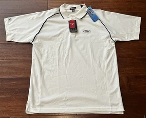 Camisa polo de golf Ford Motor Company blanca a rayas para hombre mediana con logotipo de trabajo botón - Imagen 1 de 11