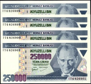 4 PCS LOT, TURKEY 250,000 (1 MILLION LIRA total) 1998  ATATURK MONUMENT, UNC - Picture 1 of 4