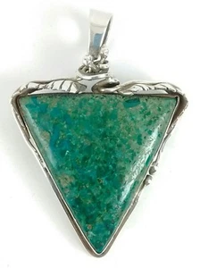 Sterling Silver Large Green Jasper Triangle Pendant Pin Brooch Artisan SOM'S - Picture 1 of 9