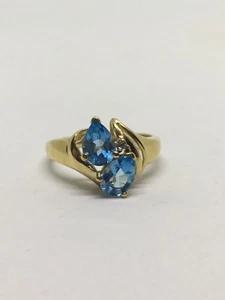 10k Yellow Gold Pear Cut Blue Topaz and Diamond Ring 3.1 grams size 6.75 - Picture 1 of 11