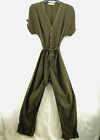 Mango MNG Jumpsuit Womens Sz XS Green V-Neck Button-Up Tie-Waist Roll Tab Sleeve