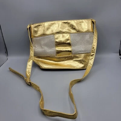 Cartera Bolso de Hombro Whiting & Davis Vintage, Patrón de Cocodrilo Imitación Dorado y Cuentas  Foto 1 de 4