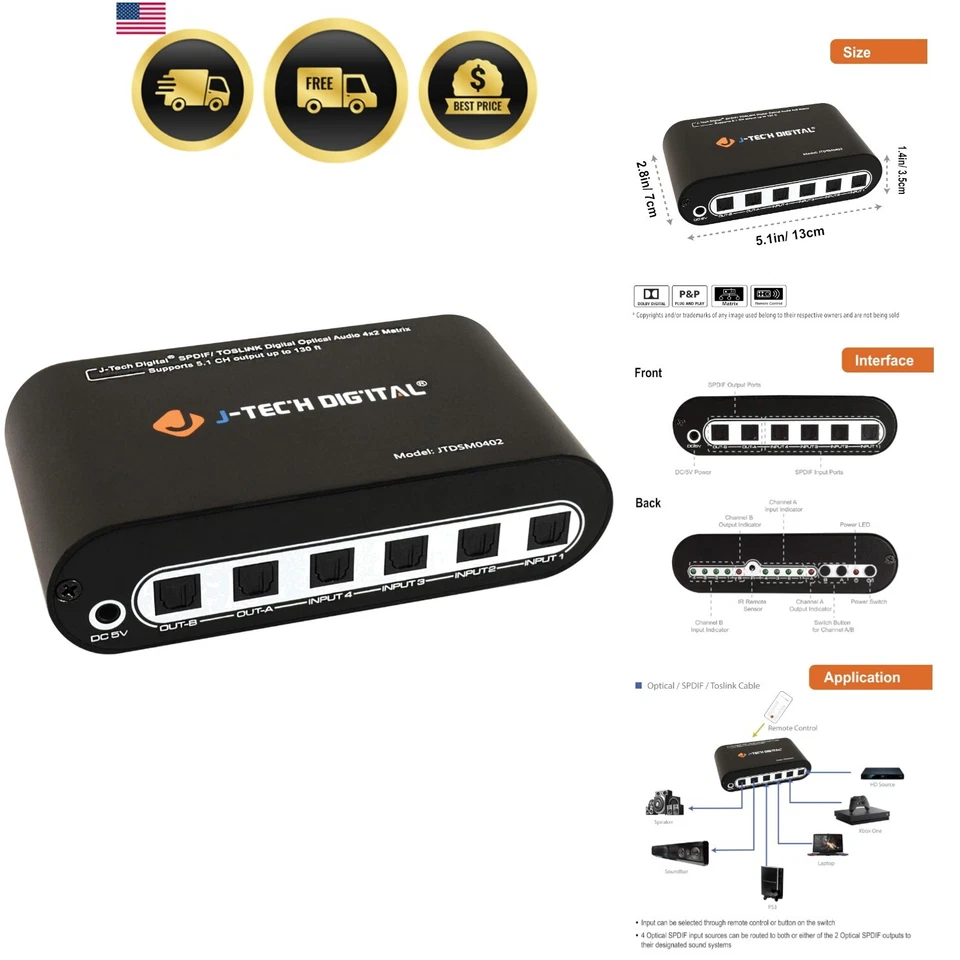 Optical Audio Matrix Switch 4x2 4K HDMI 120Hz 8K HDR Audio Extractor - Image 1 of 4