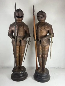Pair of Knights In Armour Handmade Tin Figure Bronzed 44cm/17inches Vintage - Picture 1 of 13