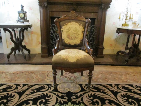 Antique Victorian Hand Carved Chair with Tapestry upholstery of young romance Cover