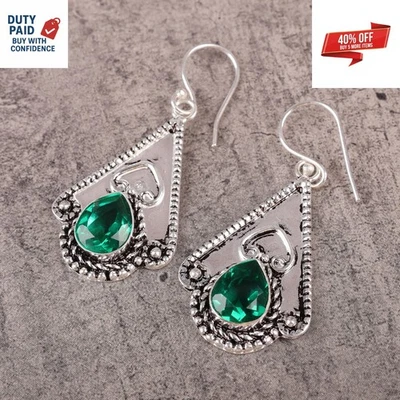 Christmas Sale Green Emerald 925 Silver Drop Dangle Anniversary Earrings Jewelry - Image 1 of 4