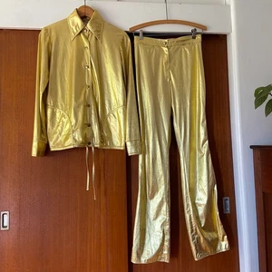 Vintage 1970s Gold Set Pants Jacket Lurex Metallic Disco Glam Small Medium - Picture 1 of 6