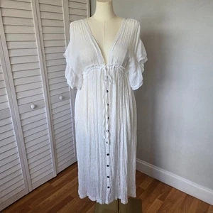 Boho Beachy Gauze Maxi Dress OS Pockets Button Front Flutter Sleeve Coastal - Picture 1 of 14