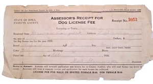 RARE 1930 Dog License Fee Receipt from Fayette County - West Union, Iowa - Picture 1 of 3
