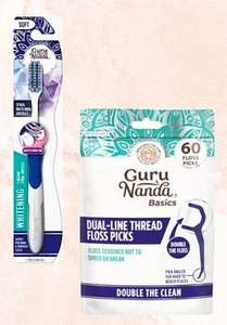 GuruNanda Dental Dual Thread Floss Picks 60ct & Soft 'Floss' Bristles Toothbrush - Picture 1 of 8