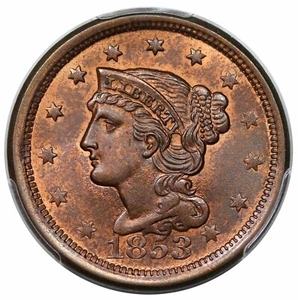 1853 Braided Hair Large Cent, N-25, PCGS MS64+RB - Picture 1 of 3