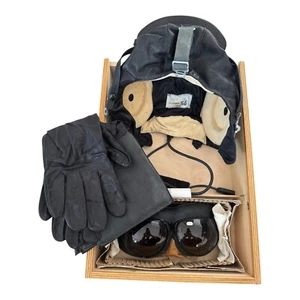Soviet USSR Russian Aviator Gift Set Leather Helmet Gloves Goggles Wooden Box - Picture 1 of 13